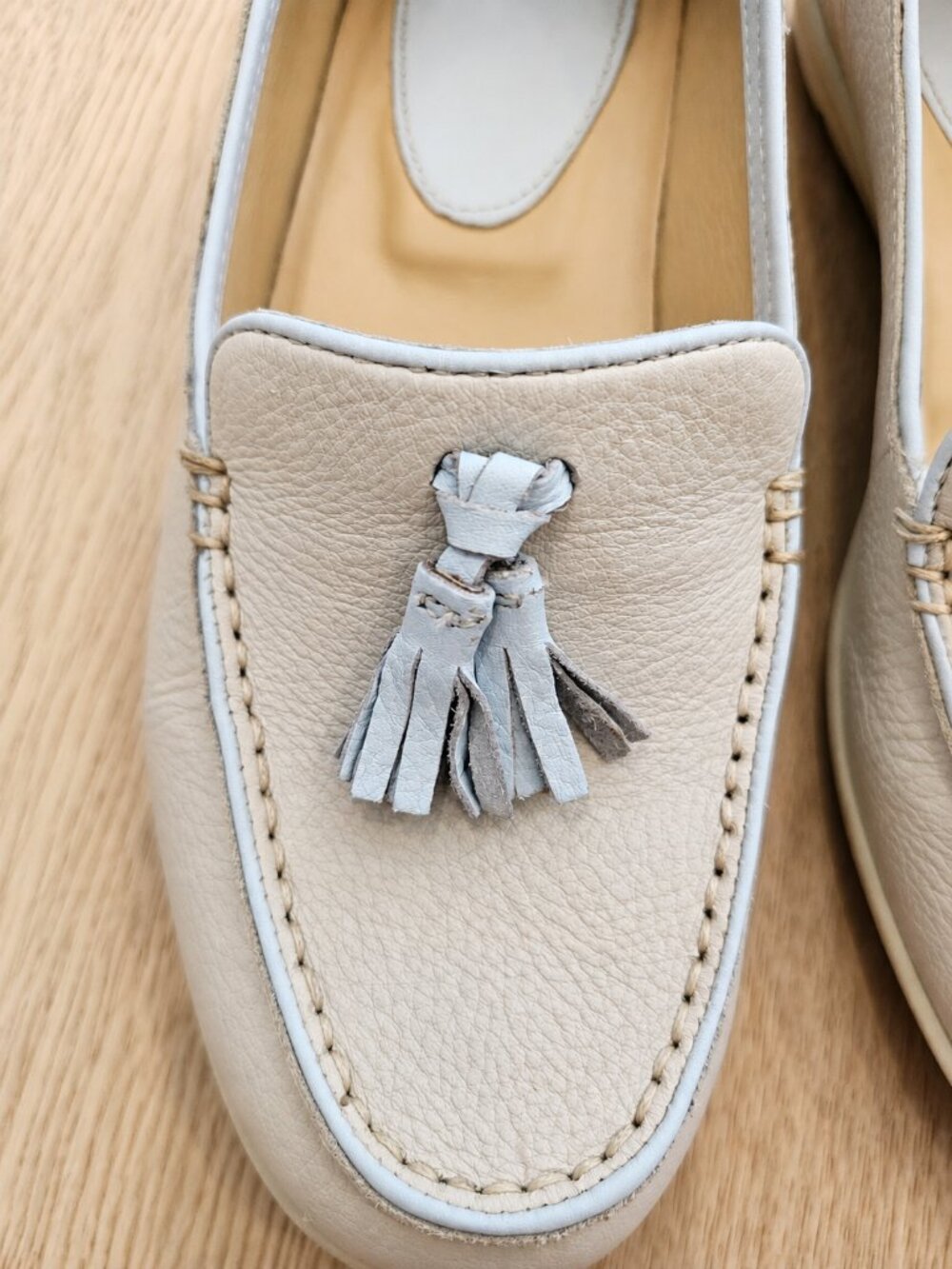 Woodland Leather Tassel Loafers Beige & Baby Blue – Size 37